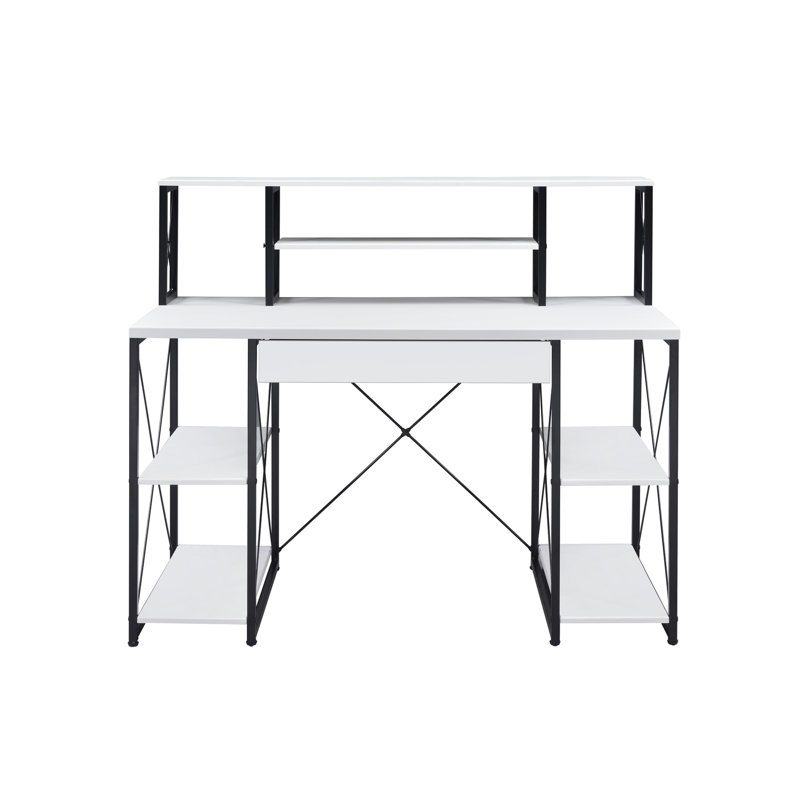 Élégant bureau à finition blanche avec espace de rangement et de construction avec espace de travail spacieux en placage