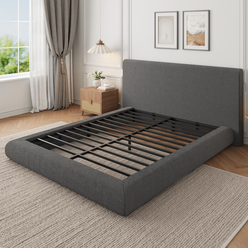 Structure de lit grand format avec tête de lit tapissier, lit plateforme moderne complet, aucun sommier requis, assemblage facile, tissu moelleux doux, gris foncé