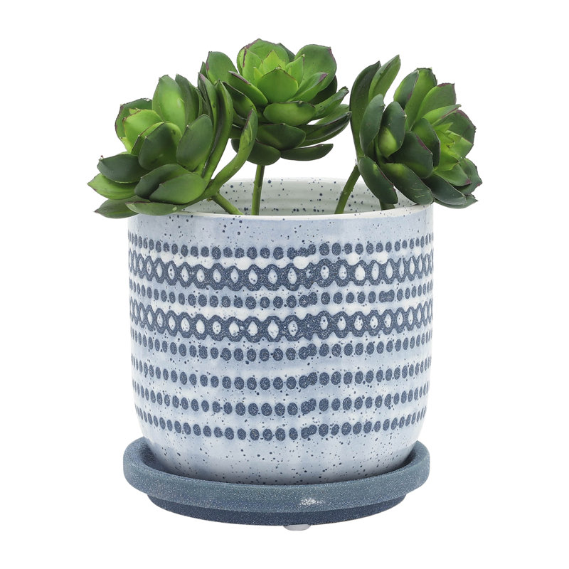 Contemporary Dotted Ceramic Planter with Saucer, 1, Geometric Blue
