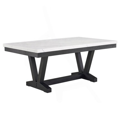 1 table de salle à manger moderne transitionnelle moderne avec plateau rectangulaire en faux marbre blanc et pieds en bois au fini noir