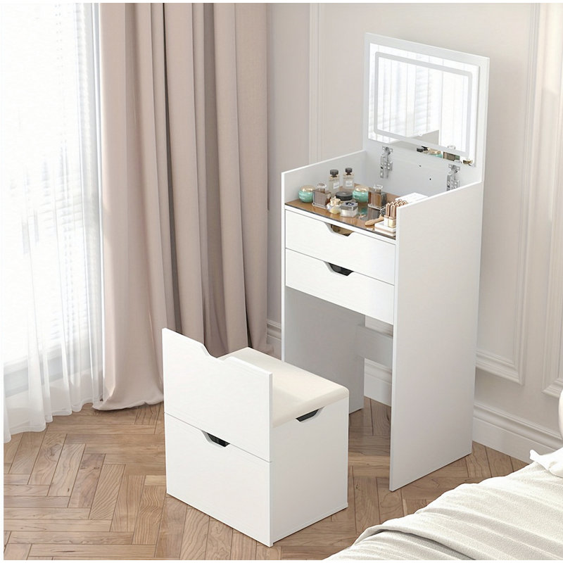 Dressing Table and Stool, 3-in-1 Multifunctional Dressing Table Set, Featuring Three-color Lighting Modes, HD Mirror, Two Sliding Drawers, and a Hidden Storage Stool