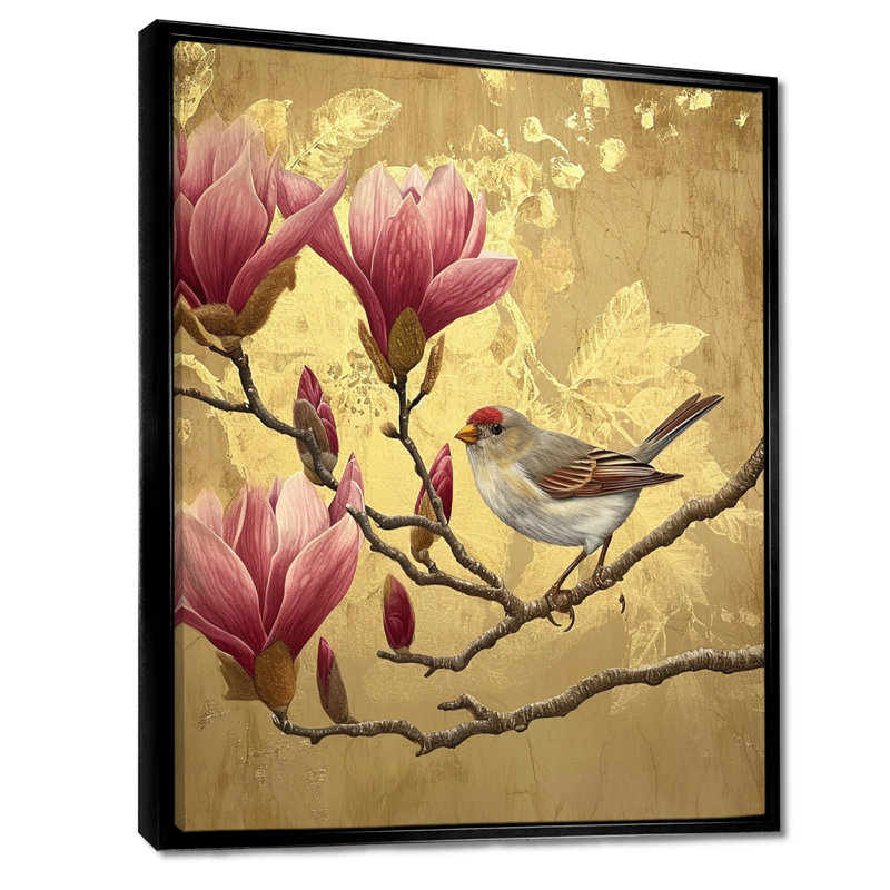 Oiseau pinson sur un magnolia - décoration murale, Toile avec cadre noir, H 44 po x l 34 po x P 1,5 po