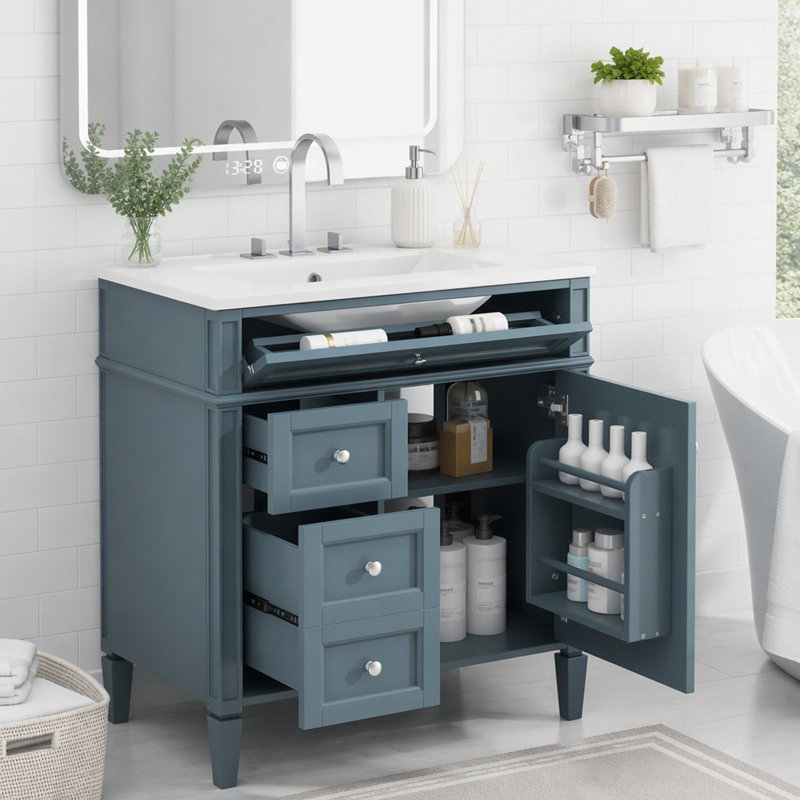 Meuble-lavabo de 76 cm avec lavabo en céramique, meuble autoportant avec 2 tiroirs et un tiroir basculant, structure en bois massif et MDF, style rétro, beige