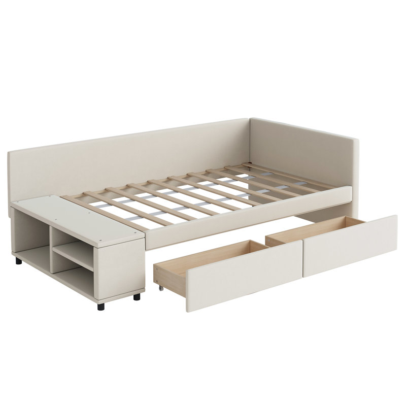 L-Shaped Upholstered Platform Bed with Storage and Drawers, Beige