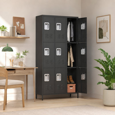 Black 72 Inch 9 Door Metal Locker with Lock, BIFMA Tested Gym Locker Storage Cabinet for Home Office School, Steel Employee Locker with Ventilated Doors, Hooks, and Wall Mount Kit