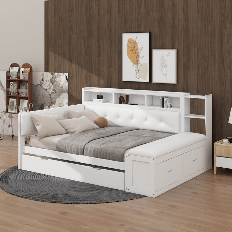 Full Size Wood Daybed With Trundle, Storage Shelves, Bench, Charging Station And Upholstered Headboard, White / Cream