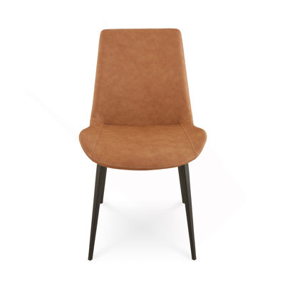 21 Inch Set Of 2 Dining Chairs, Brown Faux Leather, Angled Black Steel Legs