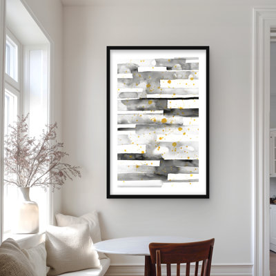 Black Stripes with Gold Splash | White Abstract Framed Print