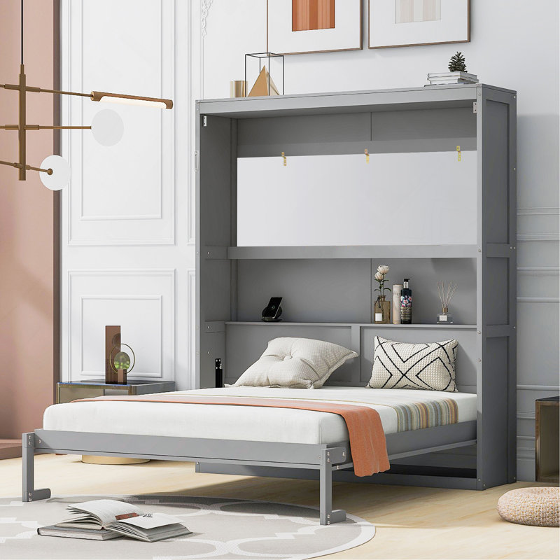 Grand lit escamotable mural avec tablettes, Gris