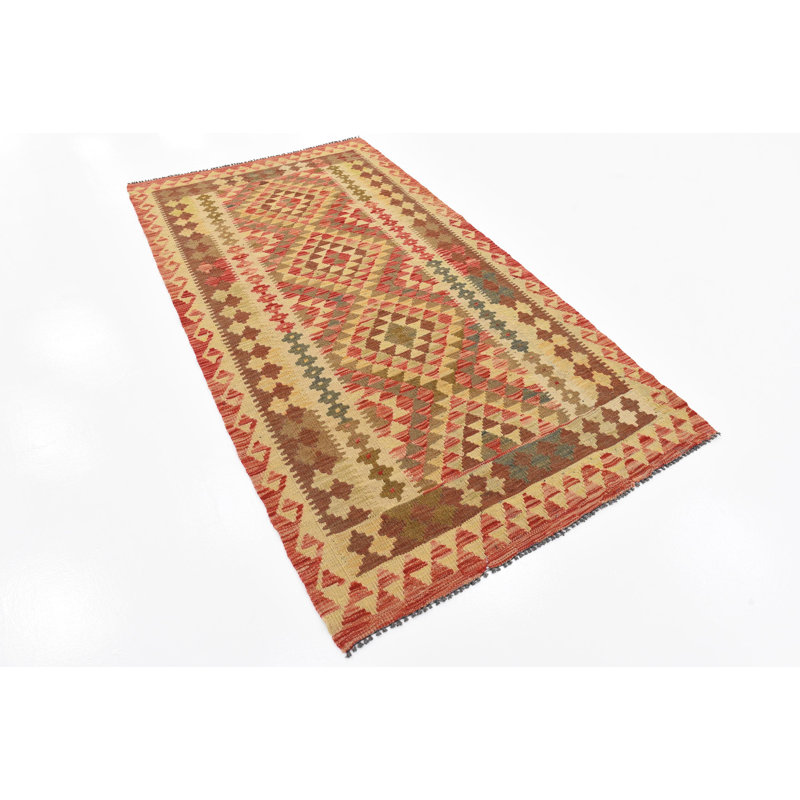 Tapis de zone en laine rouge/beige 3 pi 6 po x 6 pi noué la one-of-kind main Doorfield
