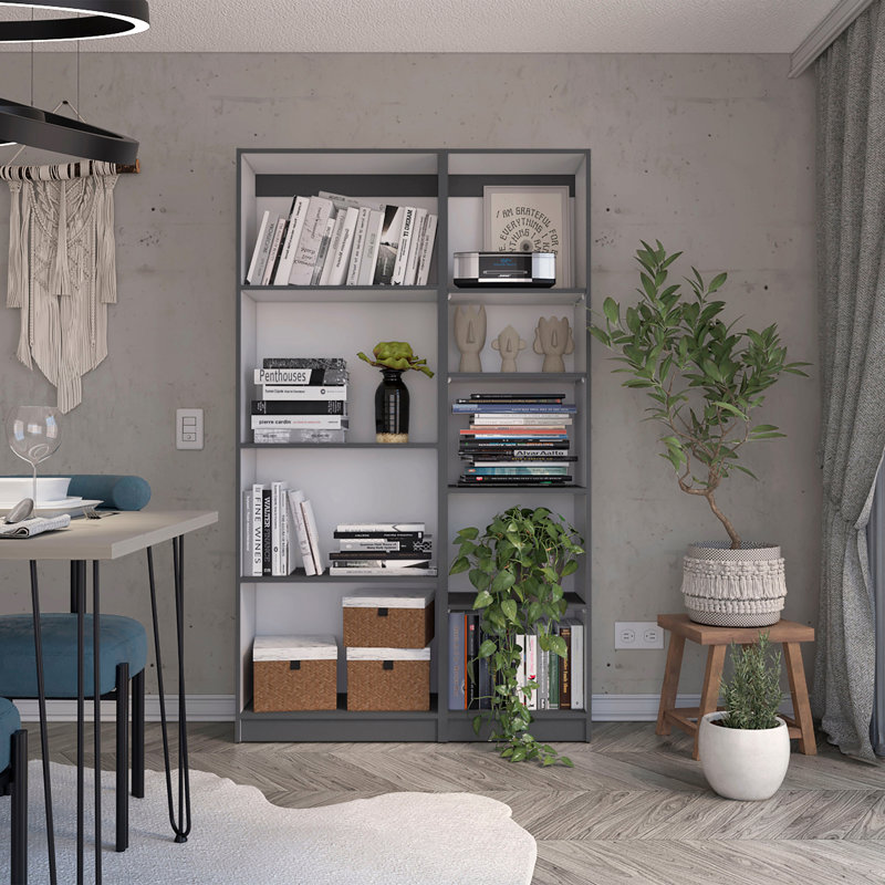Ensemble de salon avec bibliothèque 2 pièces, armoire de rangement, 42 po de largeur et 9 tablettes gris mat / blanc