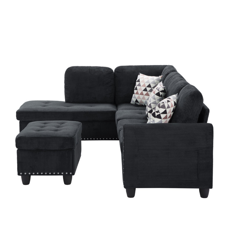 3 - Piece Upholstered Sectional, Black Corduroy