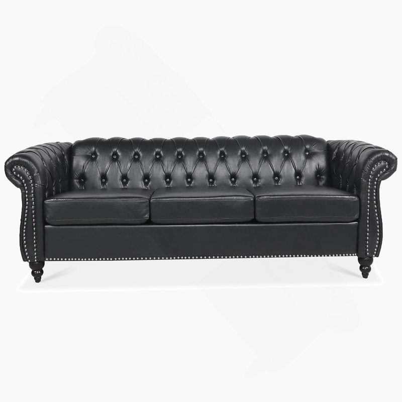 Canapé Chesterfield en polyuréthane à accoudoirs roulés., Noir