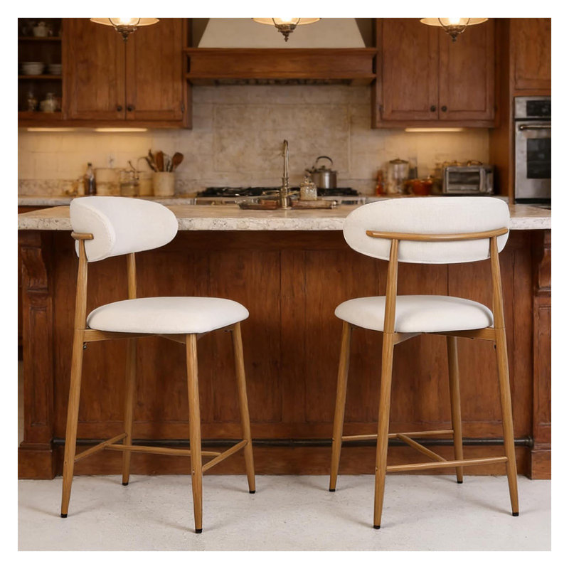 Counter Height Bar Stools Set of 2, Upholstered Modern Barstools with Metal Legs for Kitchen Island Dining Room, Beige Linen Kitchen Counter Stools