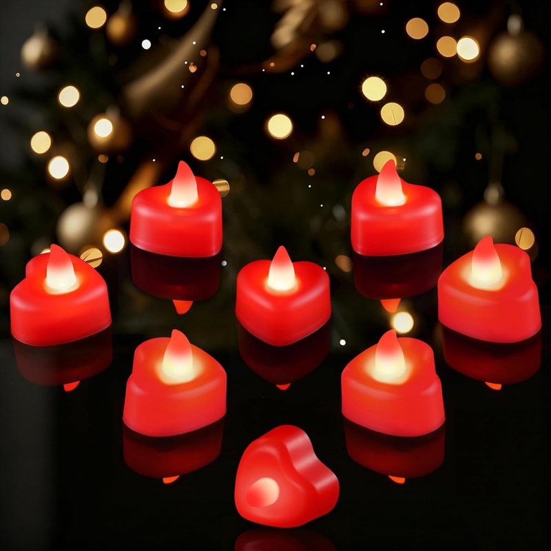Heart Love Battery Flameless Fake Tea Light, Romantic Anniversary Wedding Table Decor, Valentine's Day, Red 12pack (Including Artificial Rose Petals)