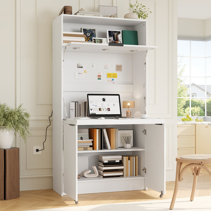 Garde-manger compact, buffet H 69 po avec rehausse et poste de travail pliable, Blanc