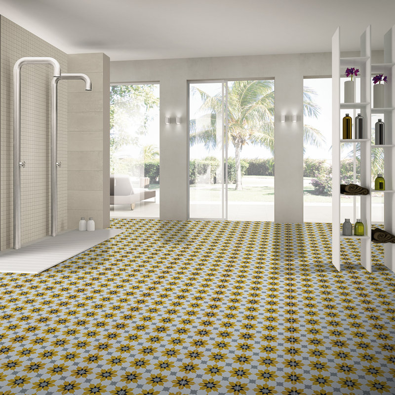 Ahfir 8" x 8" Cement Singular Wall & Floor Tile, Yellow/Gray/Black