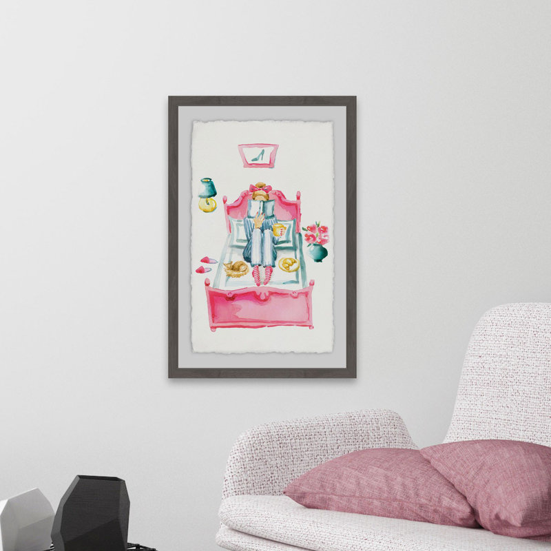 «Pink Bed Reading» - Reproduction d'art sur toile encadrée, H 18 po x l 12 po x P 1,5 po, Cadre gris