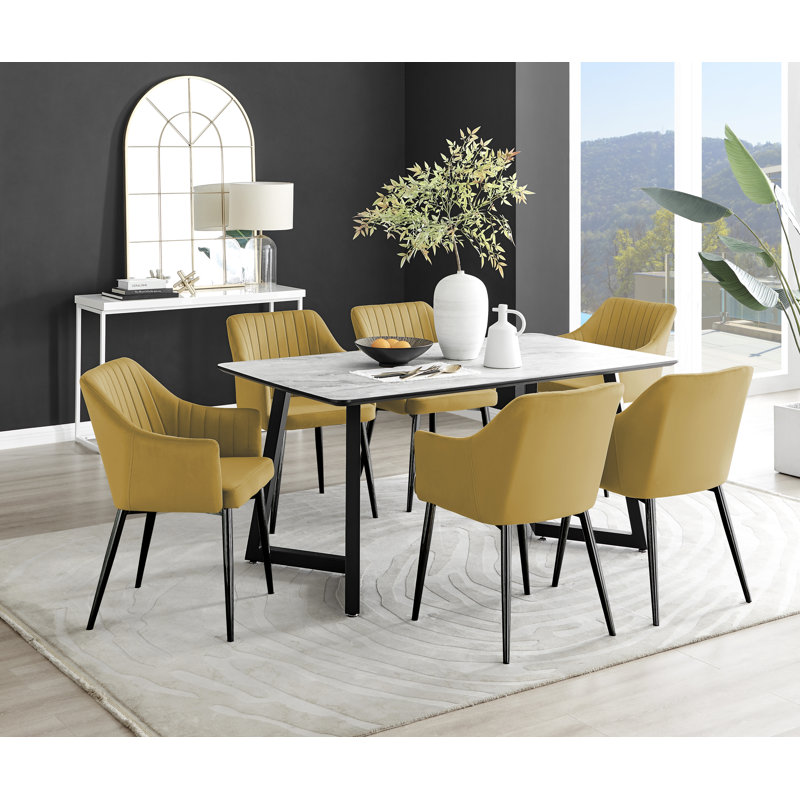 Industrial Design White & Grey Marble Effect Melamine Dining Table Set with 6 Velvet Dining Chairs, Yellow/Black