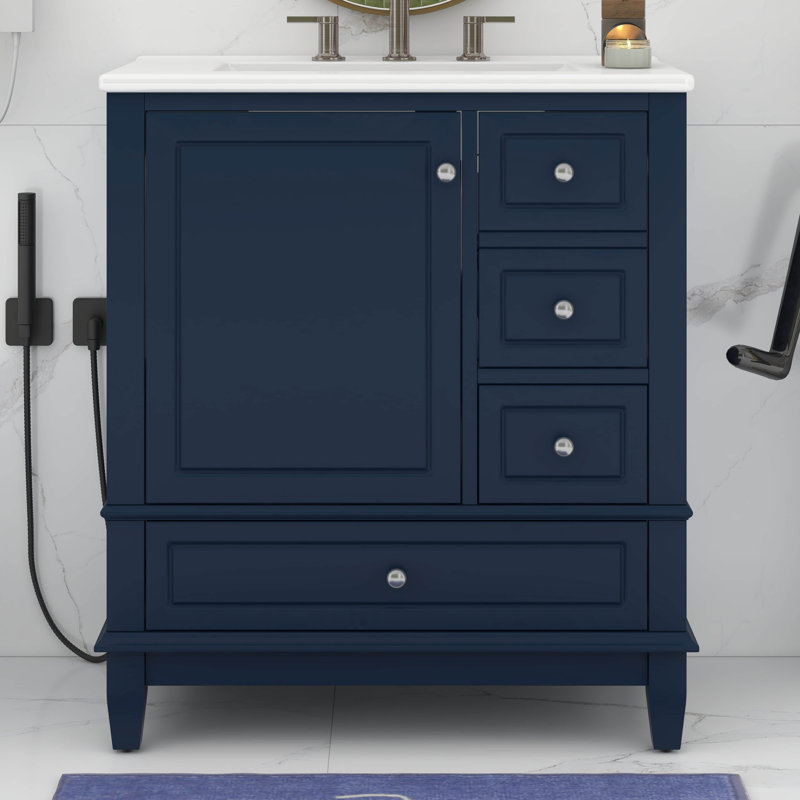 Meuble-lavabo de 30 po avec lavabo simple, armoire de salle de bain moderne avec une porte et une tablette à fermeture douce et trois tiroirs
