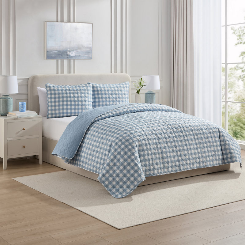Ensemble de courtepointe en microfibre VCNY Home Gingham, Bleu, Courtepointe pour lit simple et une taie décorati