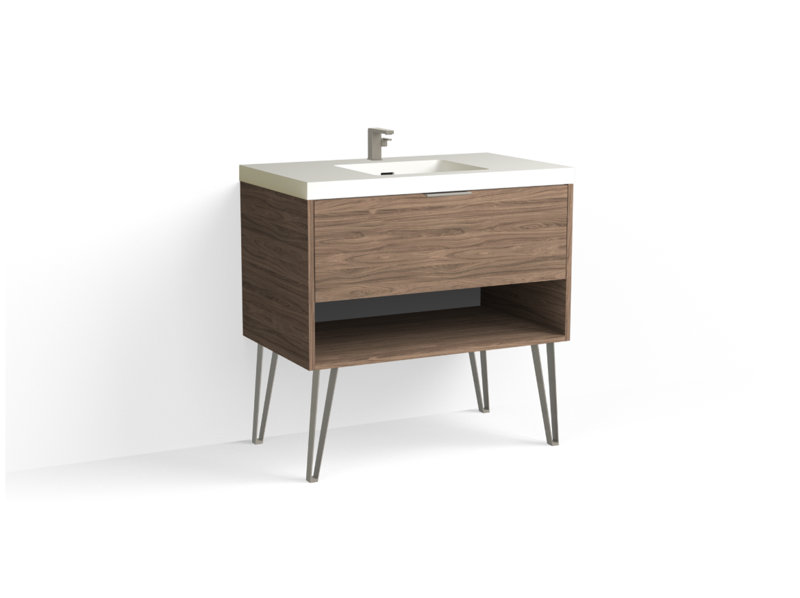 Modo 36" W Freestanding Single Bathroom Vanity with Dawson Leg, Gloss White/Single, Satin Nickel, Nocino