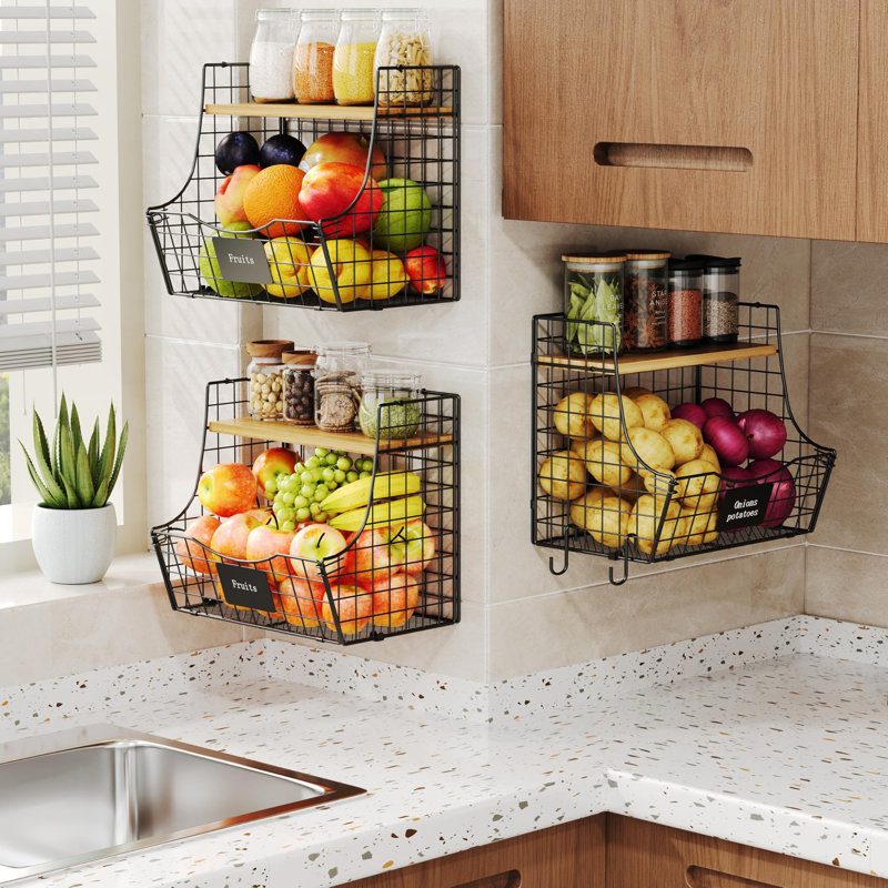 Ensemble de 3 paniers à fruits pour la cuisine avec couvercle en bois - Rangement mural pour comptoir et pommes de terre