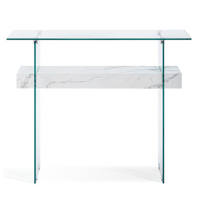 31.5'' Narrow Glass Console Table with Storage, Small Entryway Table with Natural Wood Shelves