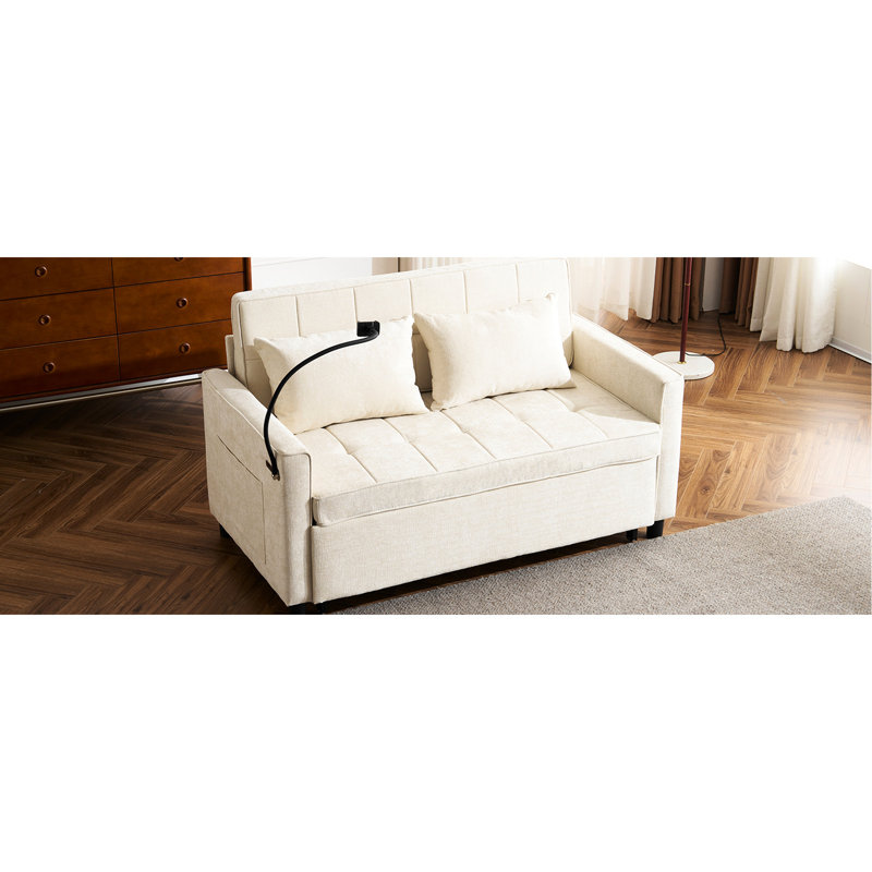 Lit convertible 56,6 po beige avec réversible, ports, support pour téléphone et poche latérale, rangement réglable