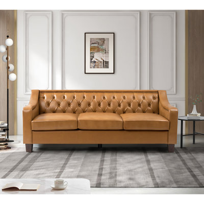 Raeburn 82.28" Wide Genuine Leather Sofa With Sloped Arms