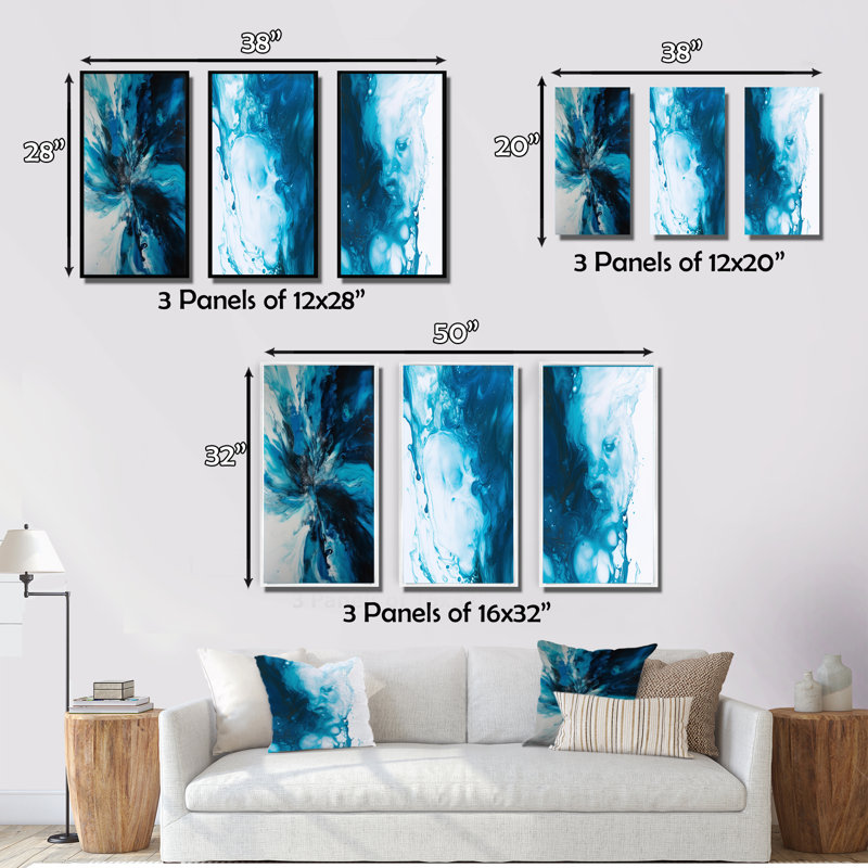 Bleu et noir, marbre chromatique - ensemble d'art abstrait de 3 pièces, Toile tendue, H 32 po x l 48 po