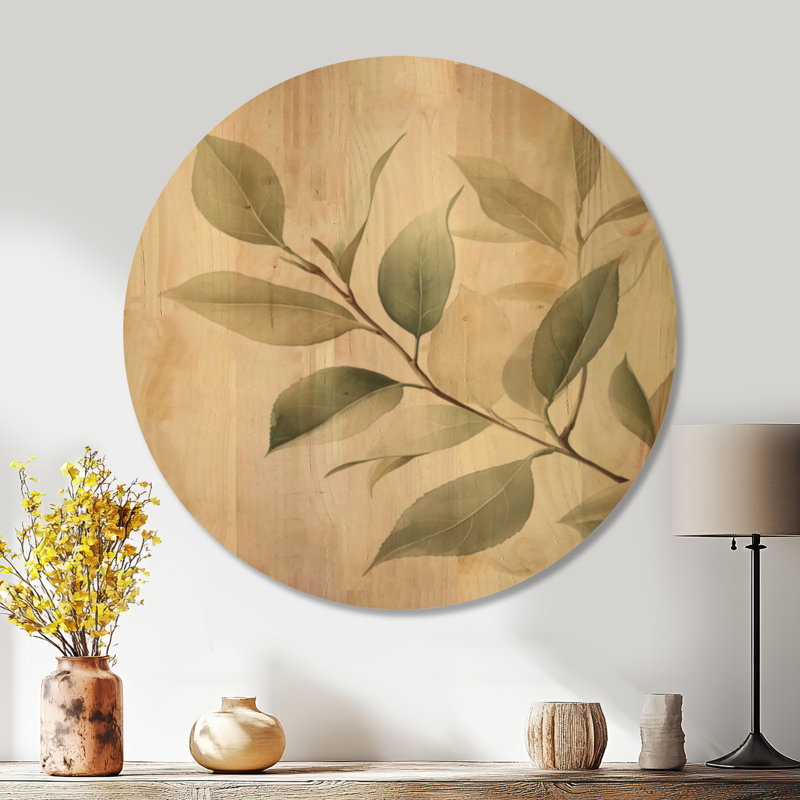 Feuillage de camélia doux - Décoration murale ronde en bois à motif botanique vert, Rond 36 po, Rond