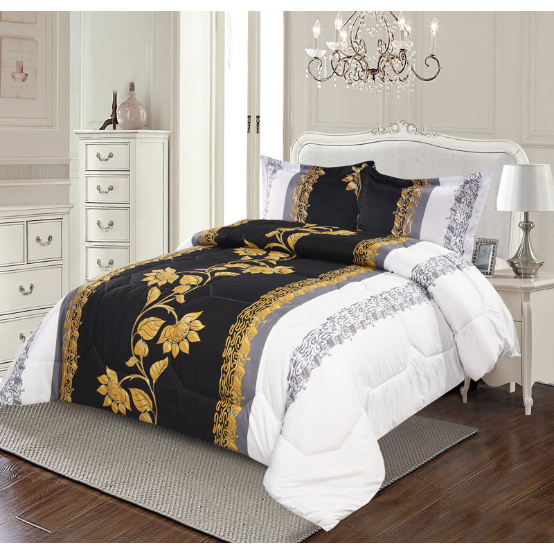 Black Trendy Printed Bedspread Floral Design Quilted with Pillow Shams, Single Bedspread + 1 Standard Sham