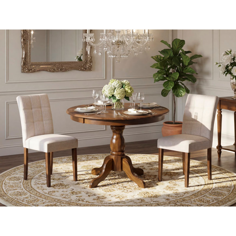L'ensemble de table de salle à manger 3 pièces comprend une table de style Mid-Century et 2 chaises de salle à manger modernes en tissu de brume beige et noyer antique
