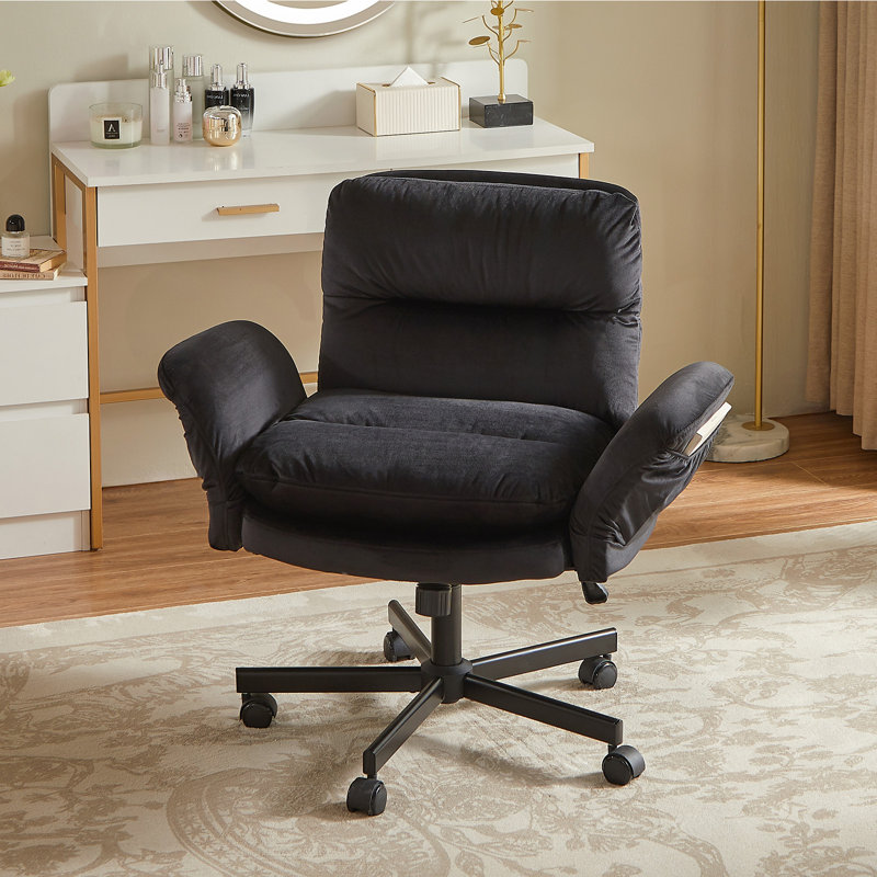Fauteuil de bureau en velours noir avec accoudoirs rabattables, fauteuil de direction pivotant Criss Cross avec 2 poches latérales, fauteuil de coiffeuse moderne à roulettes
