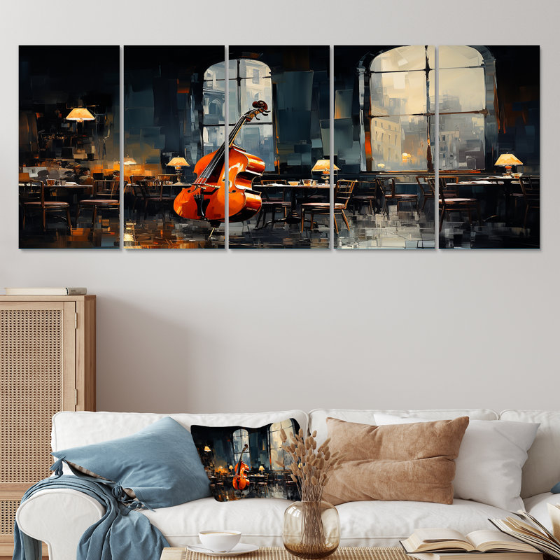 Jaune et gris Jazz Cafe Melody V - Music Jazz, art mural 5 pièces, H 32 po x l 80 po
