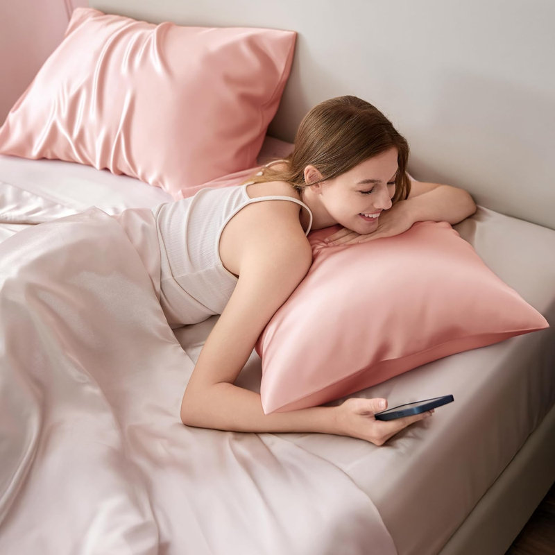 Ensemble de 2 taies d'oreiller en satin, 300 fils, sable gris, GentleSoft ™, Taie d'oreiller très grande, Light Pink