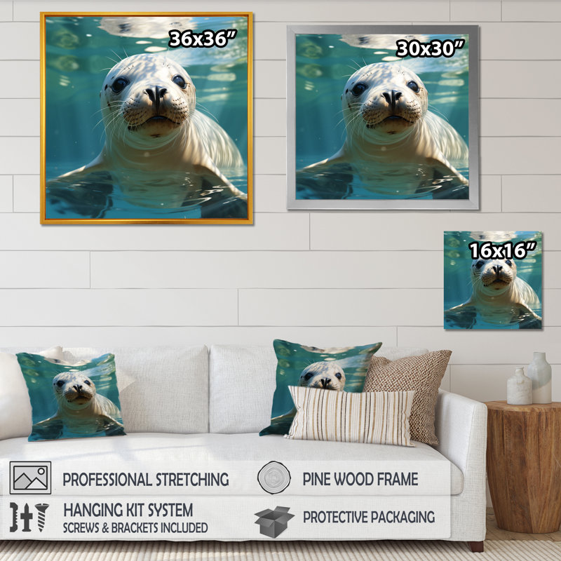 «Marine Whispers Sea Lions At Play I» - art mural  / otarie, Cadre flottant noir, H 16 po x l 16 po x P 1 po