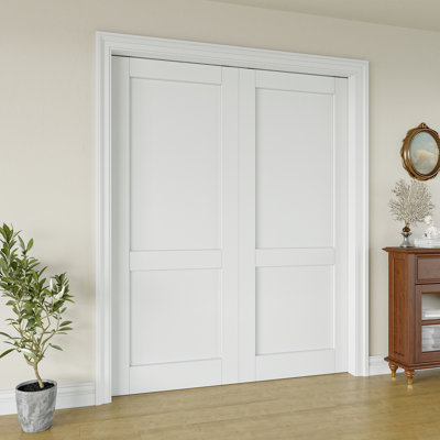 Interior 2-Panel Solid Core Door, CARB P2 MDF Double Pocket Doors, with Strengthen Solid Frame & Hardware Kit, Sliding Bedroom Door, Pre‑Finished & Waterproof, Easy DIY Stain, for Pantry, Bedroom, Bathroom, Closet, Laundry & Living Room, 28"x 80"