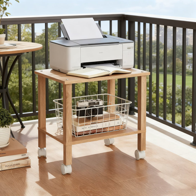 Chariot d'imprimante à roulettes à 2 niveaux avec roues verrouillables, organisateur de rangement sous le bureau pour bureau à domicile, support mobile polyvalent pour imprimantes et fournitures
