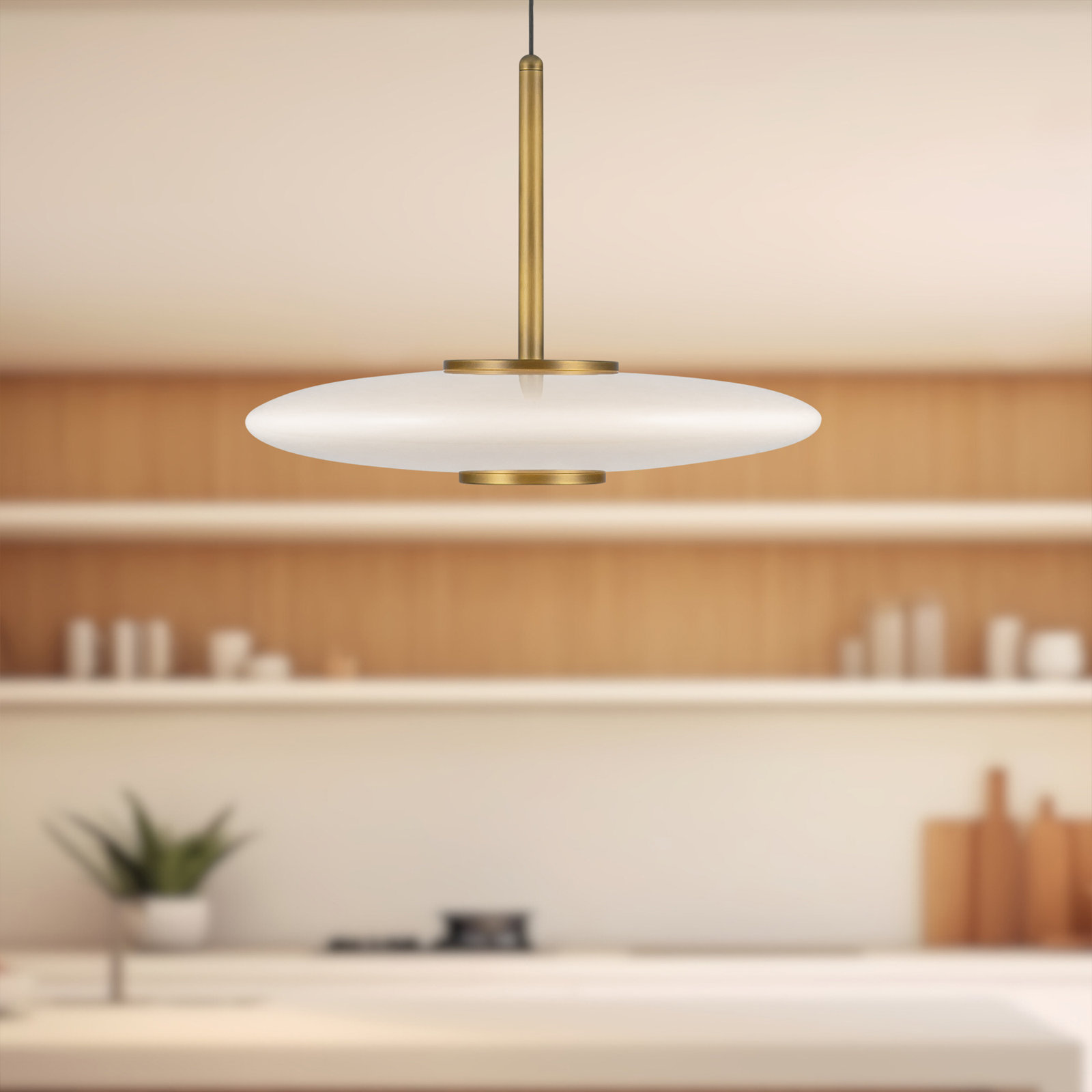 Harden Dimmable LED Single Light Pendant, Vintage Brass, Glossy Opal