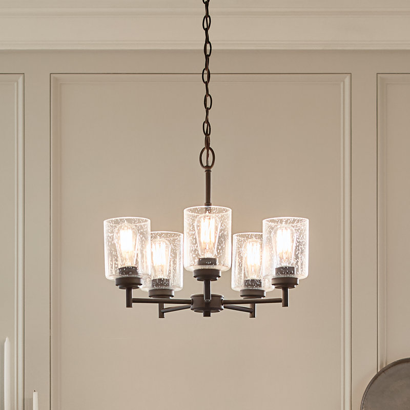 Lustre noir à 5 lumières avec abat-jour en verre bullé transparent Winslow, Noir