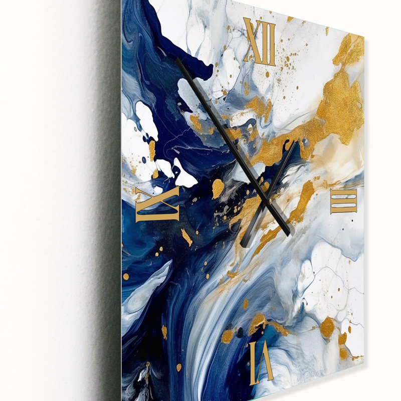 Horloge murale abstraite en métal bleu foncé et or Strings XXIII, Petit