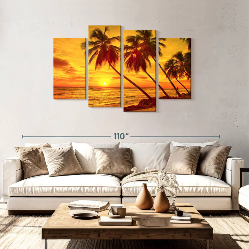 Gillard, Barbade, coucher de soleil, palmiers, H 48 po x l 75 po