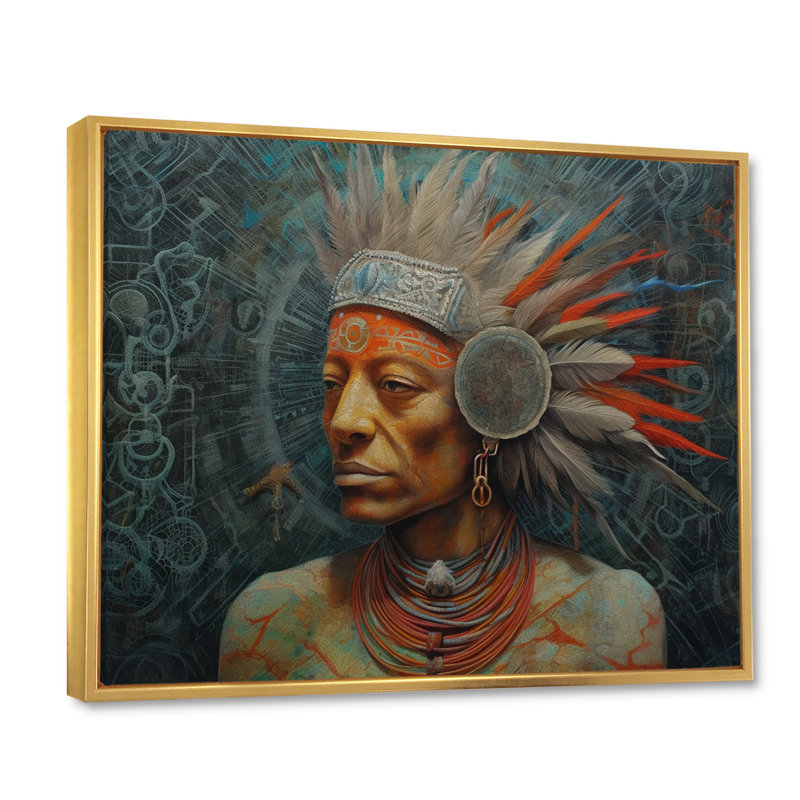 Chaman amérindien avec coiffe de plumes sur toile, H 24 po x l 32 po x P 1 po, Cadre flottant doré