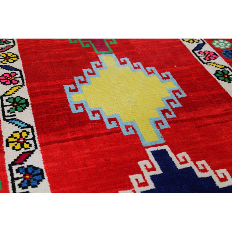 Tapis de couloir unique en coton noué à la main de style années 2000 de 2 pi 11 po x 9 pi 9 po rouge Herki
