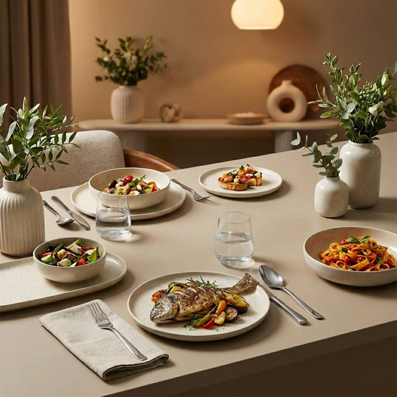 Service de table en porcelaine crème Artisan Speckle (service de 8 pièces pour 2 personnes)