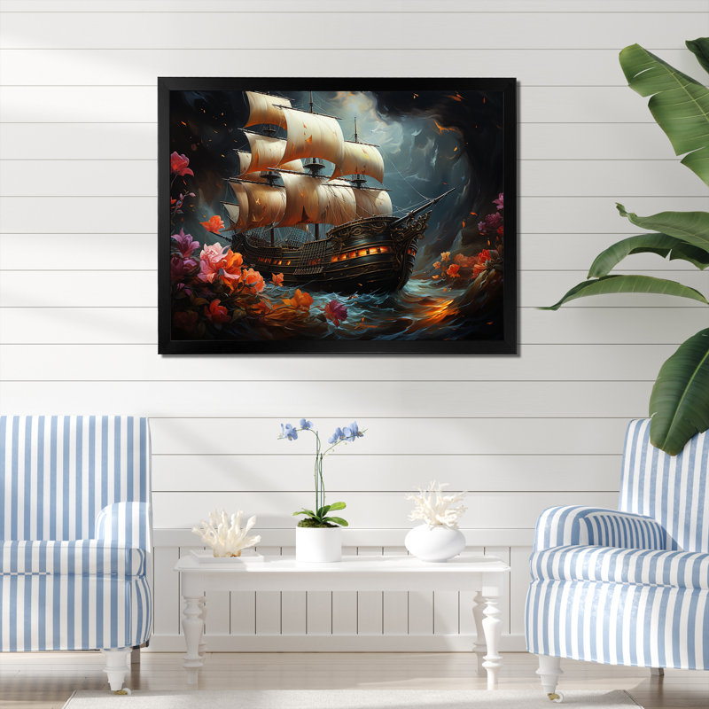 Pirate Ship Nightly Voyage II - Art mural pirate, Cadre d'angle fermé noir, H 12 po x l 20 po x P 1 po
