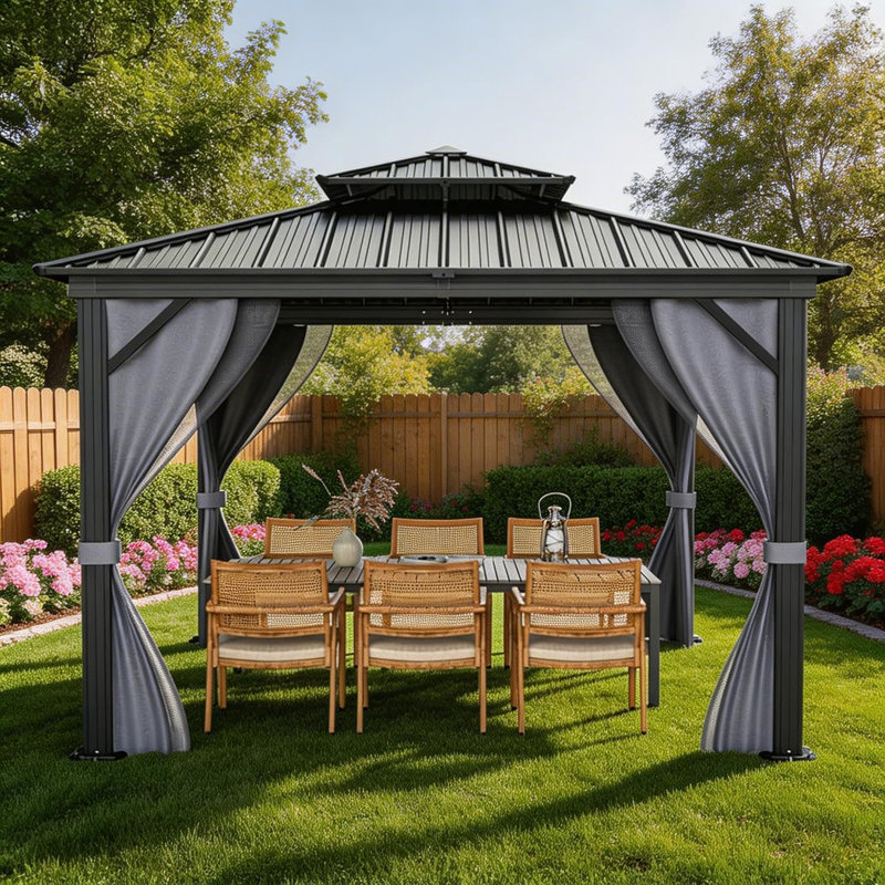 Aluminum Hardtop Gazebo with Polycarbonate Double Roof, Curtains and Netting for Outdoor, 112.8" H  x 120" W  x 120" D
