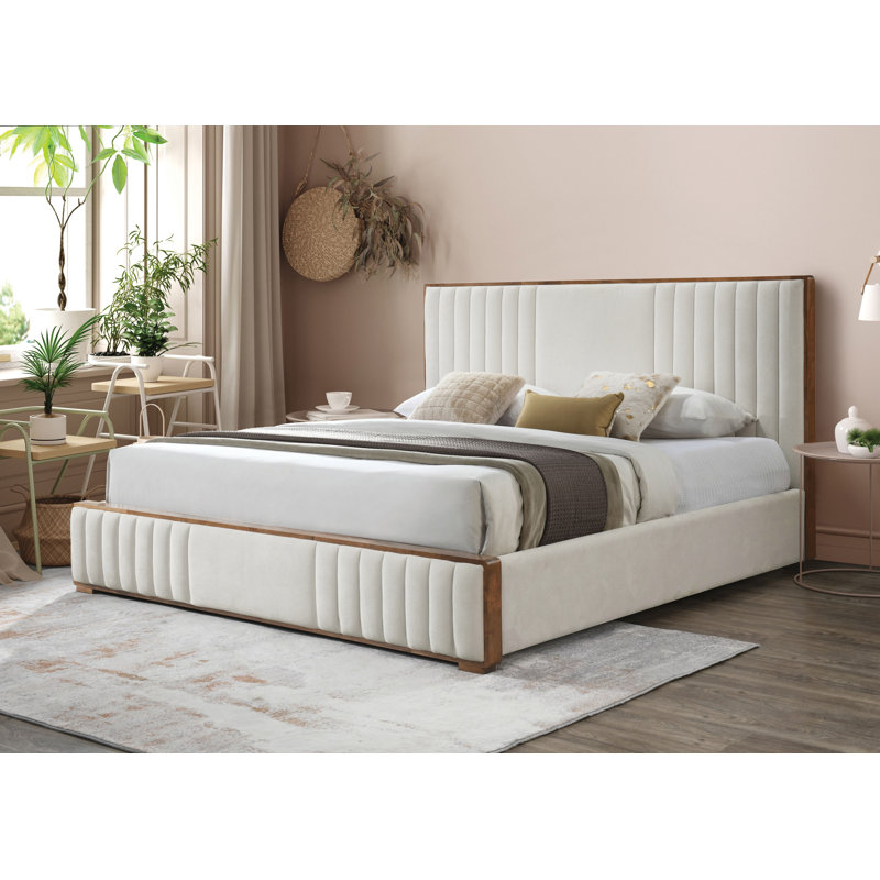 Kaleea Light Gray Chenille and Walnut Queen Bed
